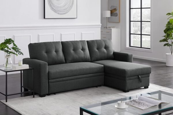 MMTGO Corner Pull Out Sleeper Sofa, with Storage Chaise and Arms, L-Shape Reversible Linen Sectional-Couch for Apartment, Living Room, Home Furniture, 82, Gray - Image 8