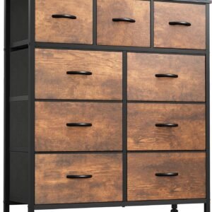 YITAHOME Dresser for Bedroom with 9 Drawers – Fabric Storage Tower, Tall Chest Organizer Unit for Living Room, Entryway, Closets with Sturdy Steel Frame, Wooden Top, Brown