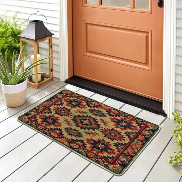Aztec Door Mat Indian Geometry Floral Pattern Tribal Southwestern Red Green Beige Rubber Absorbent Dirt Trapper Non Slip Washable Indoor Home Porch Outdoor Welcome Doormat Entry Mats 17x29 Inch - Image 2