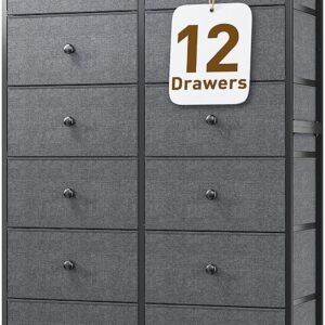 EnHomee Tall Dresser for Bedroom with 12 Fabric Drawers,Wooden Top & Metal Frame,for Nursery, Living Room, Closet,College Dorm,Grey, 35″ W x 12″ D x 52″ H
