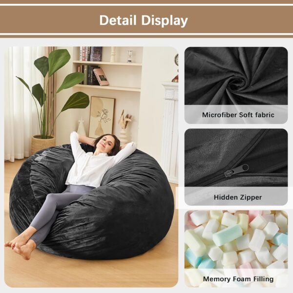 Bean Bag Chairs for Adults - Memory Foam Furniture BeanBag Chair - Kids/Teens Sofa with Soft Micro Fiber Cover - Round Fluffy Couch for Living Room Bedroom College Dorm - 3 ft, Carbon Black - Image 5