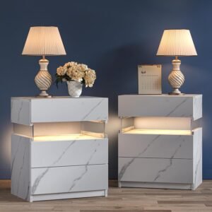 LED Nightstands Set of 2 LED Bedside Tables with 3 Drawers Modern Night Stand with Acrylic Board Night Stand Set 2 for Bedroom Living Room