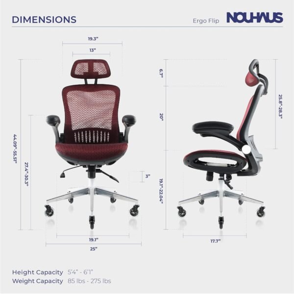 Nouhaus Ergonomic Mesh Office Chair Comfy Gaming Chairs with Adjustable Headrest & Armrest, Big and Tall Swivel Desk Computer Chair Tilt Function(ErgoFlip, Burgundy) - Image 3