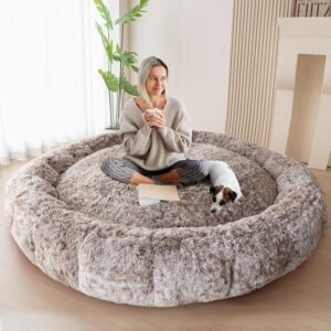 BYBYME Fluffy Soft Bean Bag Bed, Human Round Cloudy Dog Bed, Extra Wider Full Floor Mattress with Long Faux Fur Cover, Coffee, 80×80 Inch
