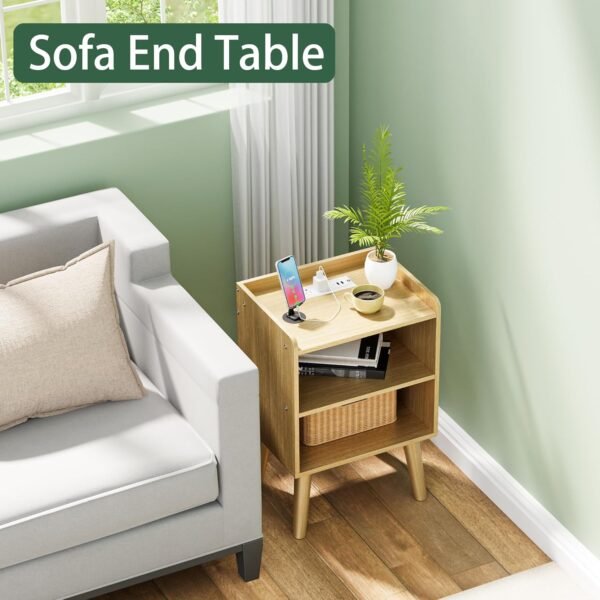 Night Stand with Charger Station, Bedside Table with LED Lights, Side Table with Fast USB-C Port, Nightstand with Solid Wood Feet, Small End Table for Bedroom, Living Room, Natural - Image 7