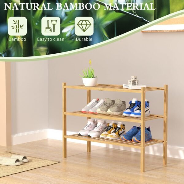 3 Tier Bamboo Shoe Rack for Closet Free Standing Wood Shoe Shelf Storage Organizer for Entryway Small Space Stackable 27"x11"x20" (Natural) - Image 6