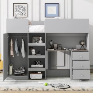 Full Size Loft Bed with Wardrobes and Desk,Wooden Frame with Storage Stairs and Cabinet Built-in 3 Drawers for Kids Adults Girls,Gray