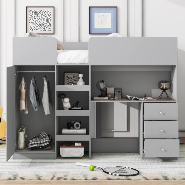 Full Size Loft Bed with Wardrobes and Desk,Wooden Frame with Storage Stairs and Cabinet Built-in 3 Drawers for Kids Adults Girls,Gray