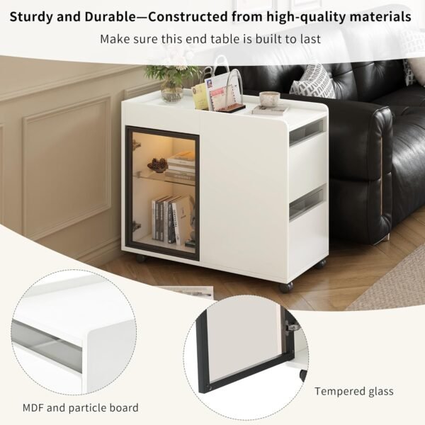 Modern End Table Side Table with Wheels, Narrow End Table with Transparent Brown Glass Door, 2 Storage Shelves and Drawers, Versatile Nightstand for Living Room (White * 121) - Image 4