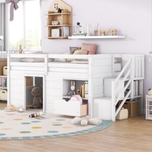 CITYLIGHT Low Loft Bed Twin Size with Stairs, Twin Size Loft Bed with Storage Cabinets, Wooden Study Loft Bed Frame for Kids, Teens, Girls & Boys, No Box Spring Needed (Twin, White)