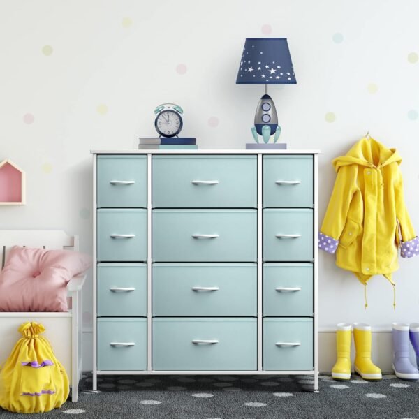 Sorbus Kids Dresser with 12 Drawers - Chest Organizer Unit with Steel Frame Wood Top & Handle, Fabric Bins for Clothes - Large Furniture for Bedroom Hallway Kids Room Nursery & Closet (Aqua) - Image 6