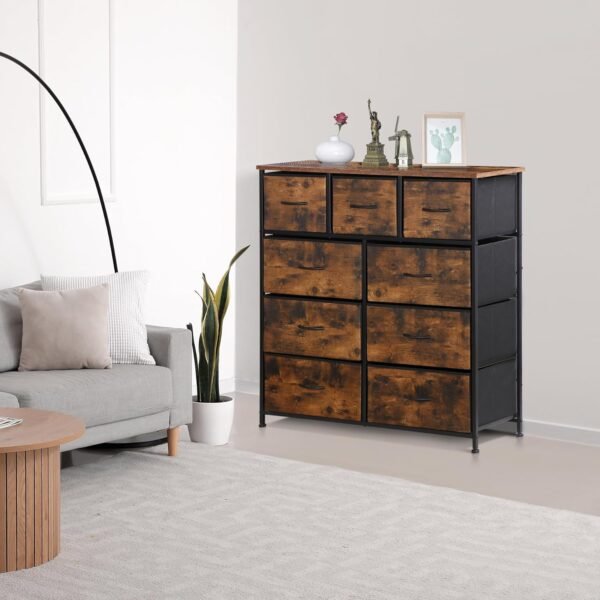 ZENY 9 Drawers Dresser, Fabric Storage Tower, Organizer Unit for Bedroom, Living Room, Hallway, Closet, Nursery, Tall Chest with Fabric Bins, Steel Frame, Wooden Top & Easy Pull Handle (Rustic Brown) - Image 7