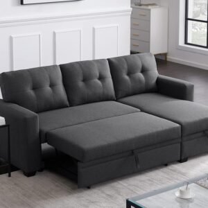 MMTGO Corner Pull Out Sleeper Sofa, with Storage Chaise and Arms, L-Shape Reversible Linen Sectional-Couch for Apartment, Living Room, Home Furniture, 82, Gray
