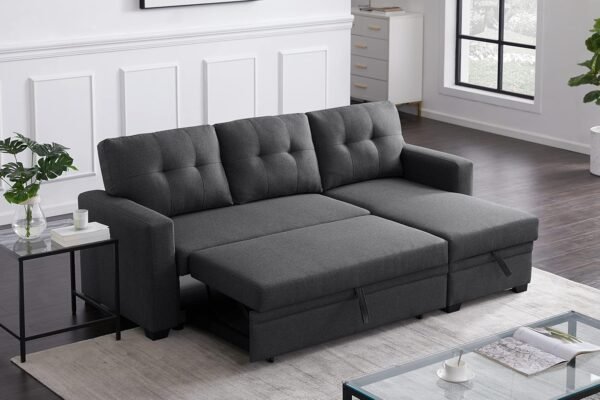 MMTGO Corner Pull Out Sleeper Sofa, with Storage Chaise and Arms, L-Shape Reversible Linen Sectional-Couch for Apartment, Living Room, Home Furniture, 82, Gray