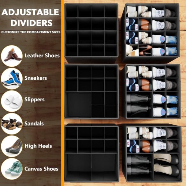 SpaceAid Shoe Organizer for Closet, 2 Pack Foldable Shoe Storage Containers Baskets Boxes Bins w/Adjustable Dividers, Fits 16-32 Pairs, Black - Image 3