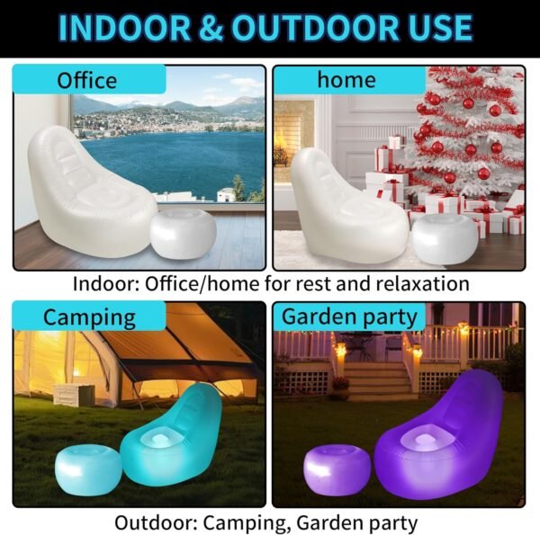 Inflatable LED Chair for Adults Kids,Illuminated Blow Up Lounger Chair with Ottoman,Swimming Pool Air Chair with Ottoman for Adults,Inflatable Game Sofa for Picnics Hiking(Without Pump) - Image 4