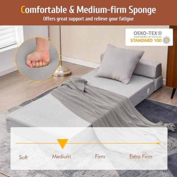 Giantex Convertible Sofa Bed, Floor Couch Sleeper, Folding Futon Guest Bed, Modern Chaise Lounge Upholstered Padded Cushion, Large Accent Chair Living Room Bedroom Gray - Image 6