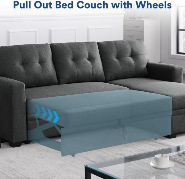MMTGO Corner Pull Out Sleeper Sofa, with Storage Chaise and Arms, L-Shape Reversible Linen Sectional-Couch for Apartment, Living Room, Home Furniture, 82, Gray - Image 4