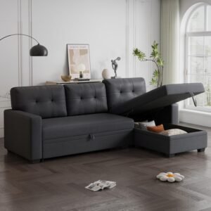82″ Sectional Sofa with Storage Chaise & Pull-Out Bed,L-Shape Convertible 3 Seater Couch W/Tufted Backrest,Reversible Sleeper for Living Room Apartment Office, Dark Gray