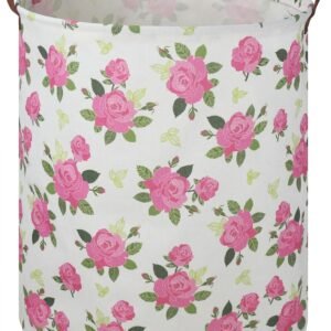19.7″ Pink Flower Laundry Basket,Kids Dirty Clothes Laundry Hamper,Waterproof Toys Storage Bin for Girls,Room Decor,Gift Baskets,Baby Nursery Hamper(Rose)