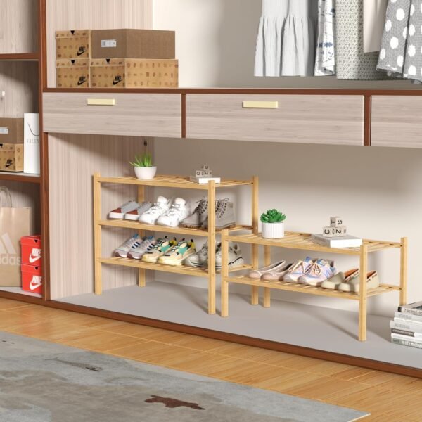 3 Tier Bamboo Shoe Rack for Closet Free Standing Wood Shoe Shelf Storage Organizer for Entryway Small Space Stackable 27"x11"x20" (Natural) - Image 4