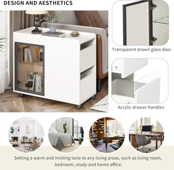 Modern End Table Side Table with Wheels, Narrow End Table with Transparent Brown Glass Door, 2 Storage Shelves and Drawers, Versatile Nightstand for Living Room (White * 121) - Image 8