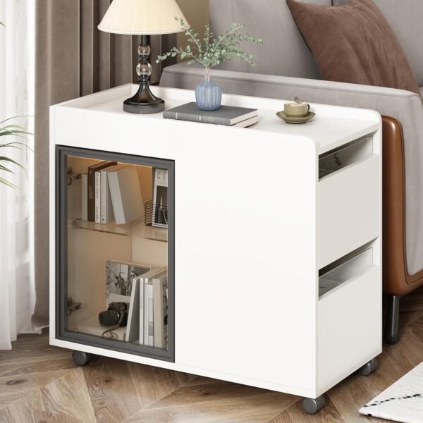 Modern End Table Side Table with Wheels, Narrow End Table with Transparent Brown Glass Door, 2 Storage Shelves and Drawers, Versatile Nightstand for Living Room (White * 121) - Image 3