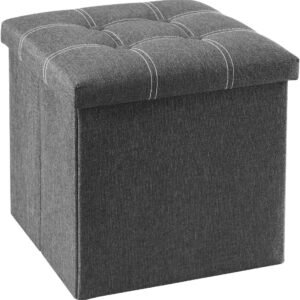 15 inches Storage Ottoman Cube, Foldable Storage Boxes Footrest Step Stool, Padded Seat for Dorm Living Room, Support 300lbs, Line Fabric Grey