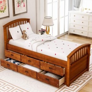 JULYFOX Storage Bed Frame Twin with 6 Drawers, Walnut Pine Wood Bed Platform with Slat Headboard Footboard Wood Slats No Box Spring Need Heavy Duty Captain’s Bed for Small Spaces