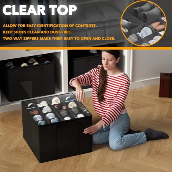 SpaceAid Shoe Organizer for Closet, 2 Pack Foldable Shoe Storage Containers Baskets Boxes Bins w/Adjustable Dividers, Fits 16-32 Pairs, Black - Image 4