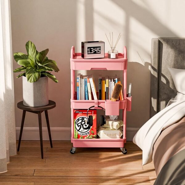 3 Tier Small Rolling Cart Organizer,Laundry Room Bathroom Organizers and Storage Office Shelves Mobile Shelving Unit Kitchen Trolley Cart with Wheels for Art,Craft,Diaper,Bedside,Snack(Pink) - Image 2