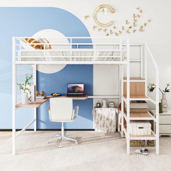 BIADNBZ Full Size Loft Bed with Desk and Grid, Stylish Metal Bedframe with Lateral Storage Ladder and Wardrobe, for Kids Teens Adults, White - Image 3