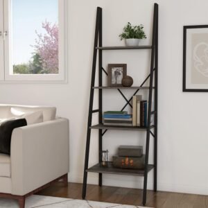 Lavish Home 4-Tier Ladder Bookshelf – Freestanding Bookcase with X-Back Frame and Leaning Look – Display Shelf for Home or Office (Gray Woodgrain)