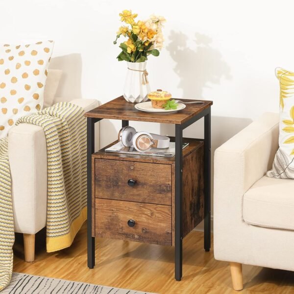 HOOBRO Nightstand, Bedside Table with 2 Drawers and Storage Shelves, Side End Table, Sofa Table for Living Room, Bedroom, Accent Furniture, Easy Assembly, Rustic Brown and Black BF43BZ01G2 - Image 2