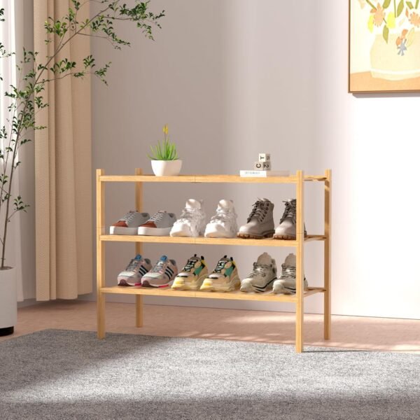 3 Tier Bamboo Shoe Rack for Closet Free Standing Wood Shoe Shelf Storage Organizer for Entryway Small Space Stackable 27"x11"x20" (Natural) - Image 2
