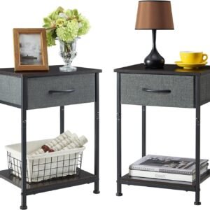 Somdot Nightstand Set of 2, Bedside Table End Table for Bedroom Dorm Nursery Living Room – Removable Fabric Drawer, Open Storage Shelf, Sturdy Steel Frame, Durable Wood Top – Charcoal Grey