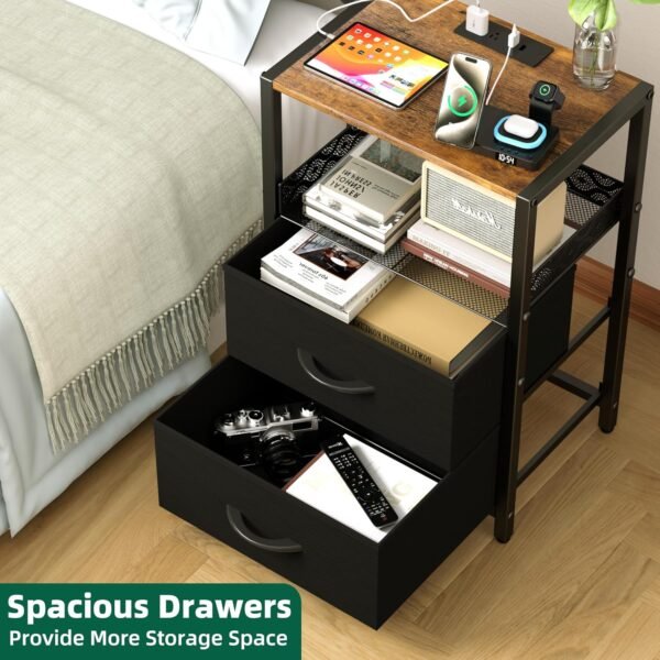 Night Stand Set 2 with Drawers, Beside Tables Bedroom with Charging Station,2 USB Ports and Outlets,Nightstands Set of 2 for Sofa, Living Room,Dorm, Apartments,Small Space (Black) - Image 6