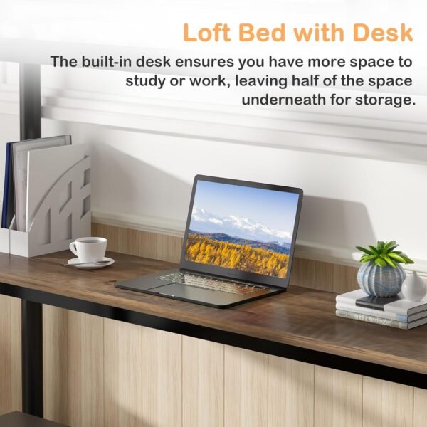 VECELO Loft Bed Twin Size with Desk, Metal Bedframe with Removable Ladder and Safety Guardrail, No Box Spring Needed, Space Saving, Noise Free, Black - Image 3