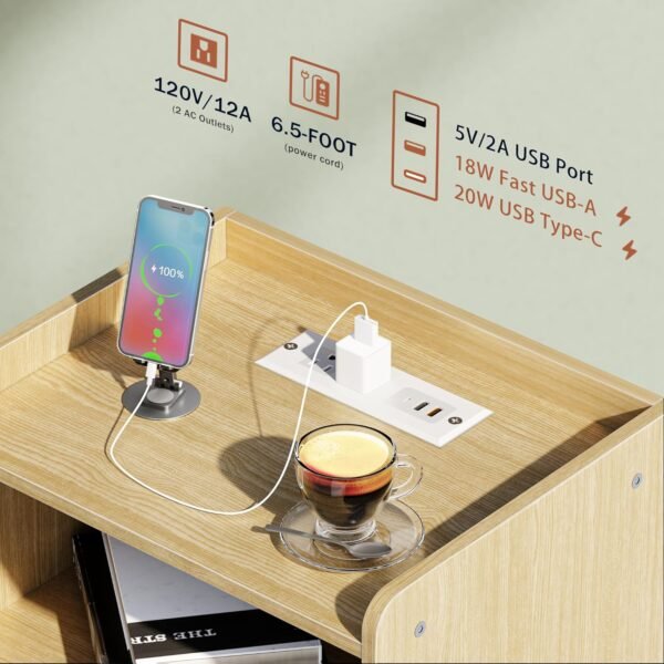 Night Stand with Charger Station, Bedside Table with LED Lights, Side Table with Fast USB-C Port, Nightstand with Solid Wood Feet, Small End Table for Bedroom, Living Room, Natural - Image 5