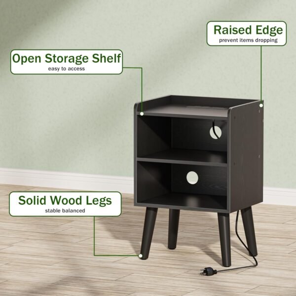 Night Stand with Charger Station, Bedside Table with LED Lights, Side Table with Fast USB-C Port, Nightstand with Solid Wood Feet, Small End Table for Bedroom, Living Room, Black - Image 9