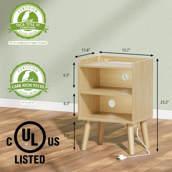 Night Stand with Charger Station, Bedside Table with LED Lights, Side Table with Fast USB-C Port, Nightstand with Solid Wood Feet, Small End Table for Bedroom, Living Room, Natural - Image 2