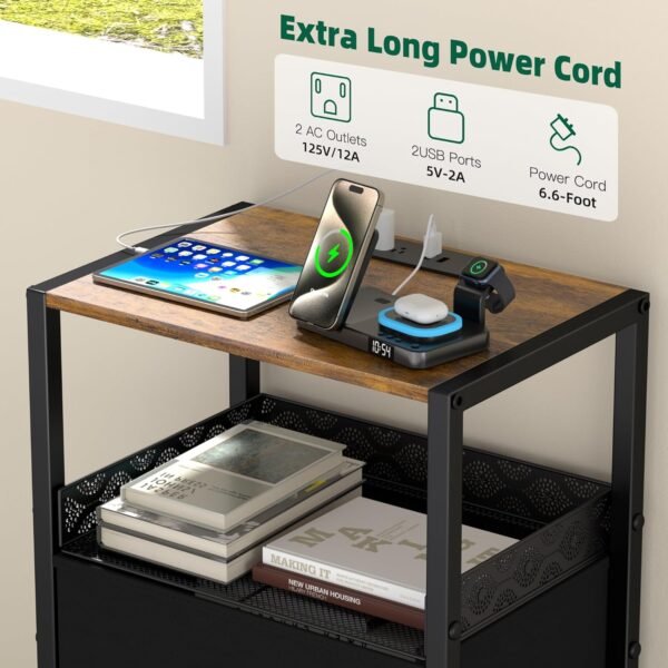 Night Stand Set 2 with Drawers, Beside Tables Bedroom with Charging Station,2 USB Ports and Outlets,Nightstands Set of 2 for Sofa, Living Room,Dorm, Apartments,Small Space (Black) - Image 4