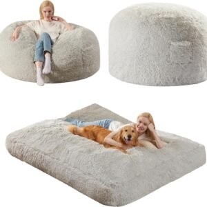 Bean Bag Chair Bed for Adults – Giant Bean Bag Chair Lounge Sofa Couch Bed, 40D Memory Foam Beanbag Chair Floor Mattress Bed with 290 GSM Calming Plush Washable Removable Cover, (Full, Light Grey)