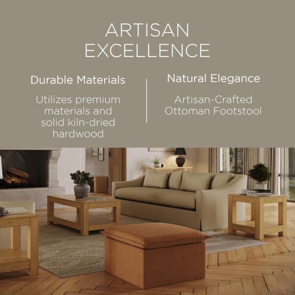 Maven Lane Claude Large Square Rustic Upholstered Ottoman, Cushioned Footrest for Living Room Couch, Chair, or Dorm Room in Clay Fabric Upholstery - Image 3