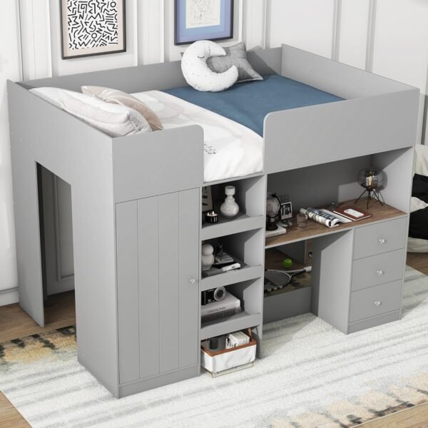 Full Size Loft Bed with Wardrobes and Desk,Wooden Frame with Storage Stairs and Cabinet Built-in 3 Drawers for Kids Adults Girls,Gray - Image 3