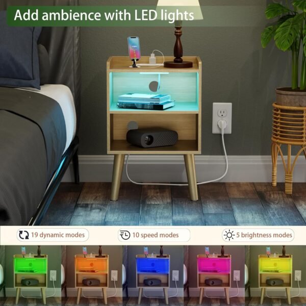 Night Stand with Charger Station, Bedside Table with LED Lights, Side Table with Fast USB-C Port, Nightstand with Solid Wood Feet, Small End Table for Bedroom, Living Room, Natural - Image 4