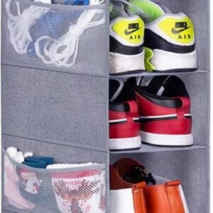 MISSLO 10-Shelf Hanging Shoe Organizer for Closet Organizers and Storage Shelves Hat Rack for Closet with 10 Side Mesh Pockets for Shoes, Caps, Scarves, Folded Clothes and Toys, Grey