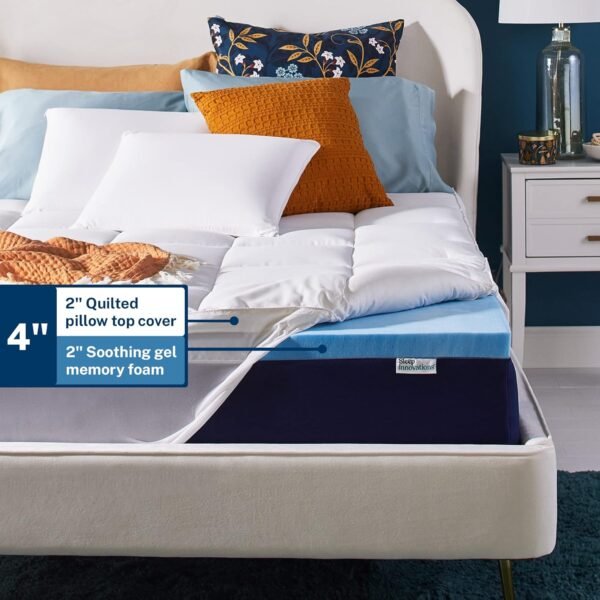 Sleep Innovations Dual Layer 4 Inch Memory Foam Mattress Topper, Queen Size, Medium Support, 2 Inch Cooling Gel Memory Foam Plus 2 Inch Pillow Top Cover - Image 3