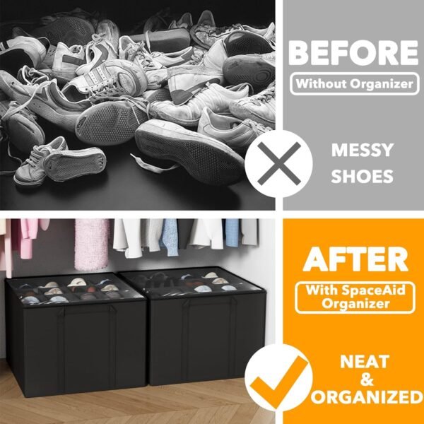 SpaceAid Shoe Organizer for Closet, 2 Pack Foldable Shoe Storage Containers Baskets Boxes Bins w/Adjustable Dividers, Fits 16-32 Pairs, Black - Image 2