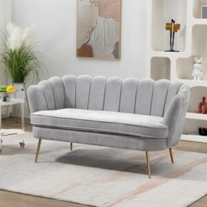 59″ Wide Modern Boucle Loveseat Small Sofa Small Mini Room Couch 2-Seater Sofa with Gold Metal Legs for Small Space Office Studio Apartment Bedroom (Light Gray)